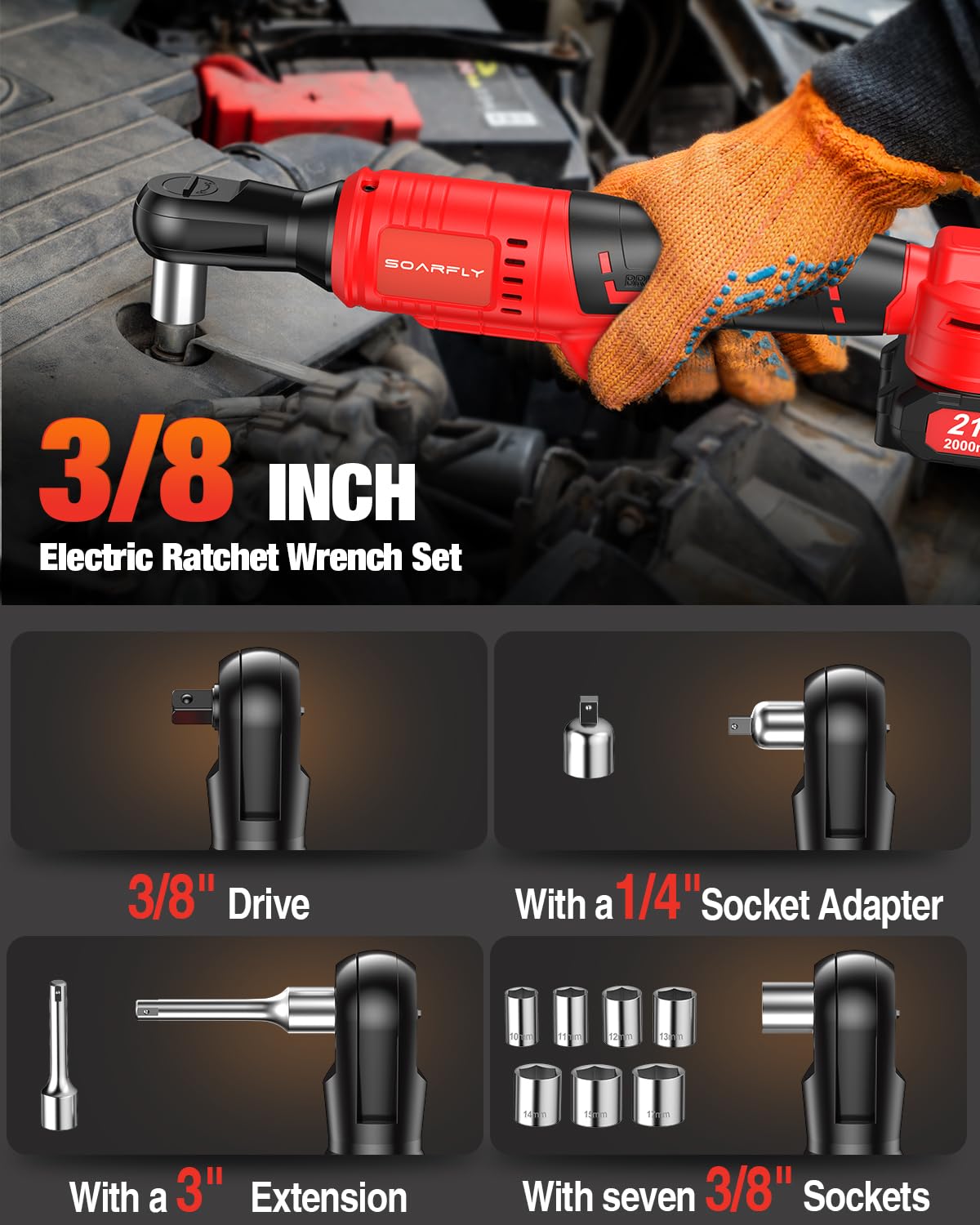 Cordless Electric Ratchet Wrench Set 3/8", Upgraded 60 Ft-lbs 21V Powerful Ratchet Tool Kit, With LED Light Cordless Ratchet,Variable Speed,7 Sockets, 3" Extension Bar, 1/4" Adapter, 2*2000mAh Battery