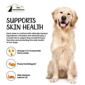 K9-Innovations Daily Skin & Coat Dog Chews Salmon Flavor - Reduce Itching & Paw Chewing - Clean Ingredients, Omega 3 & Vitamin C for Immune Function & Dog Skin Health 1-4 Month Supply - 120 Dog Chews