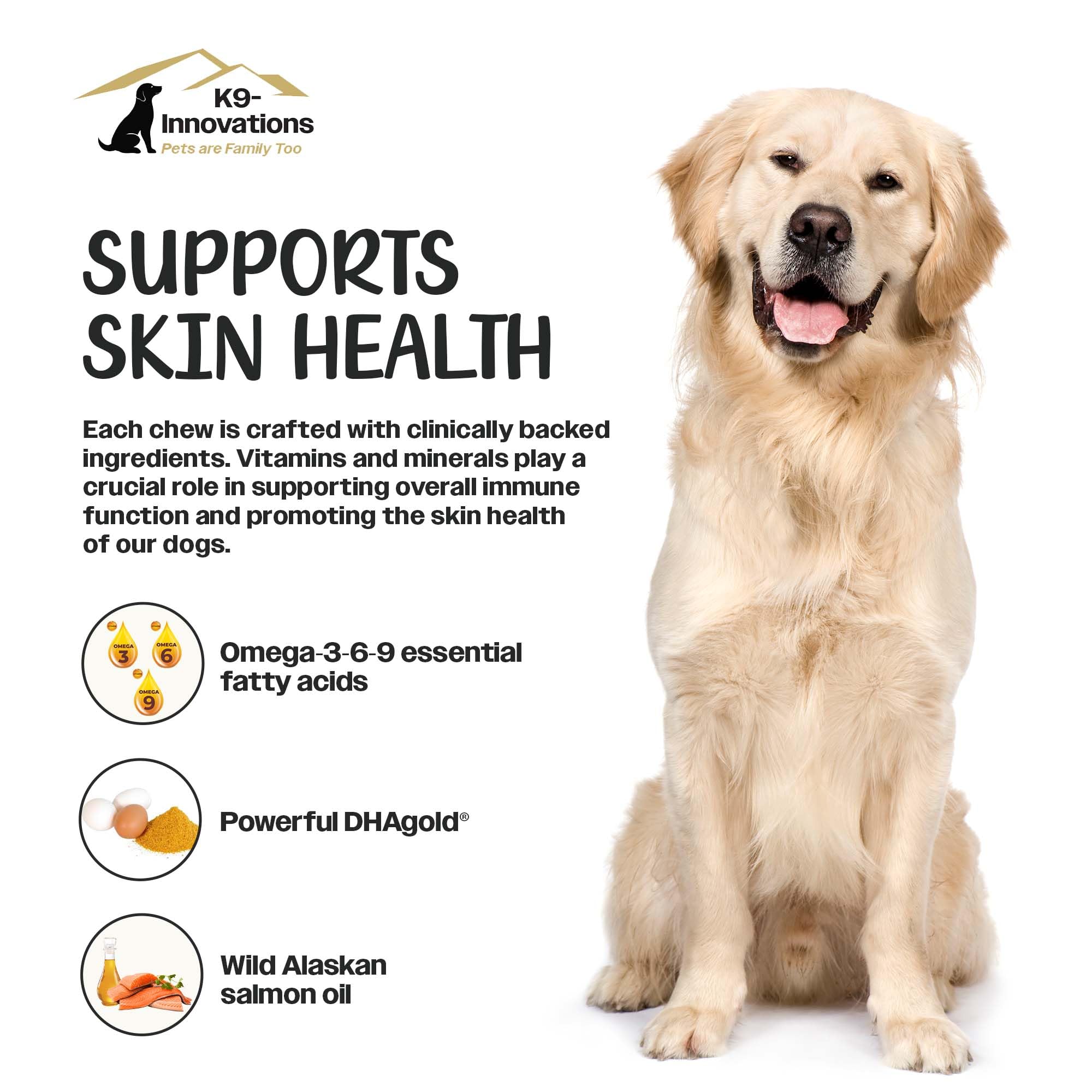 K9-Innovations Daily Skin & Coat Dog Chews Salmon Flavor - Reduce Itching & Paw Chewing - Clean Ingredients, Omega 3 & Vitamin C for Immune Function & Dog Skin Health 1-4 Month Supply - 120 Dog Chews