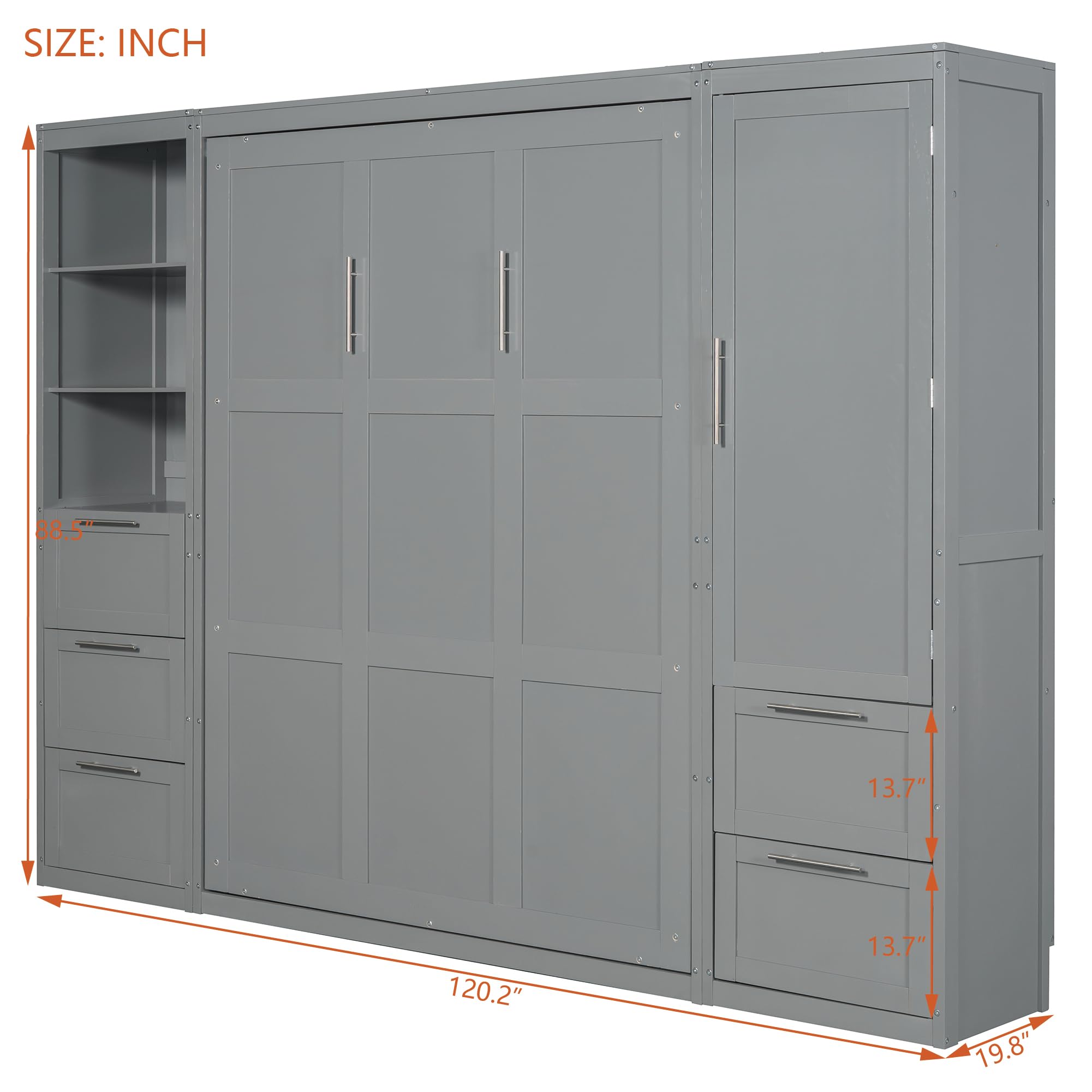 Modern Queen Size Murphy Bed with Closet, Drawers and Shelves, Cabinet Bed Folding Wall Bed for Guest Room, Office (Gray@1)