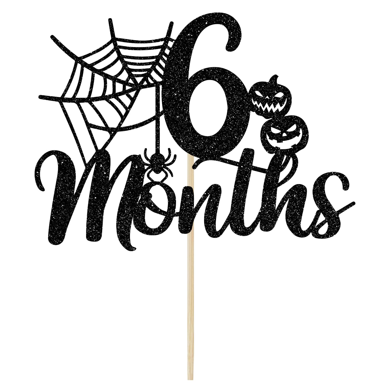 Halloween 6 Months Cake Topper, Halloween Half Birthday Cake Topper, Spider Web Half Birthday Decor, Halloween Themed Birthday Baby Shower Party Decorations, Black Glitter