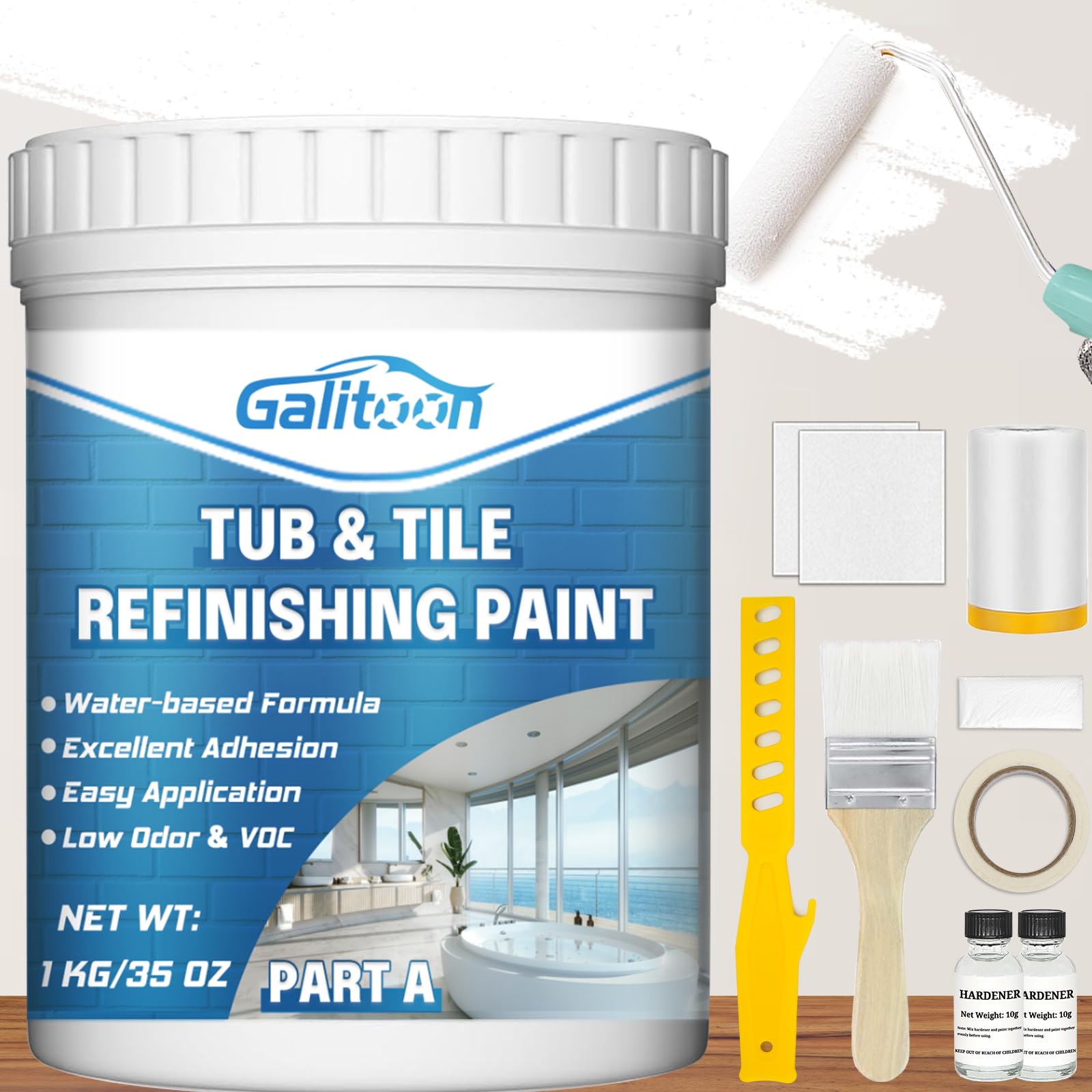 Tub and Tile Refinishing Kit, Tile Paint Touch Up Paint 35oz with Tools, Odorless DIY Countertop Paint for Wall, White Paint for Fiberglass/Bathroom/Floor/Cabinet/Kitchen/Porcelain