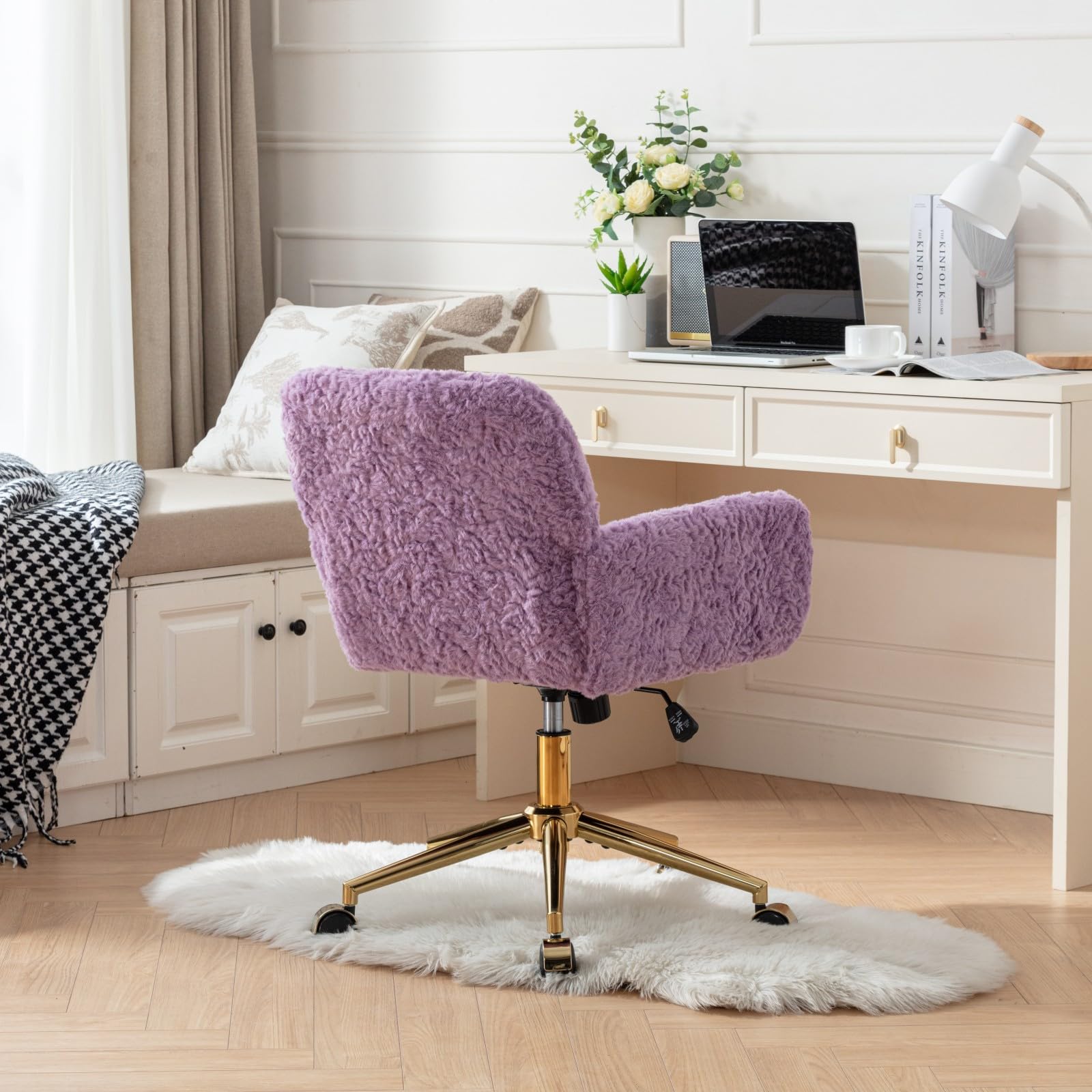 LKTART Faux Fur Home Office Chair for Women Girl, Vanity Makeup Desk Chair with Wheels Upholstered Height Adjustable Armchair with Gold Metal Base Living Room Bedroom Office Vanity