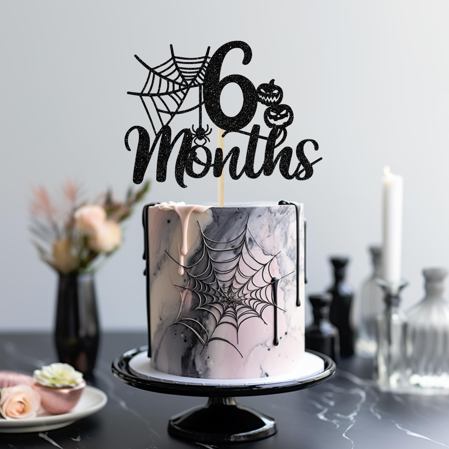 Halloween 6 Months Cake Topper, Halloween Half Birthday Cake Topper, Spider Web Half Birthday Decor, Halloween Themed Birthday Baby Shower Party Decorations, Black Glitter