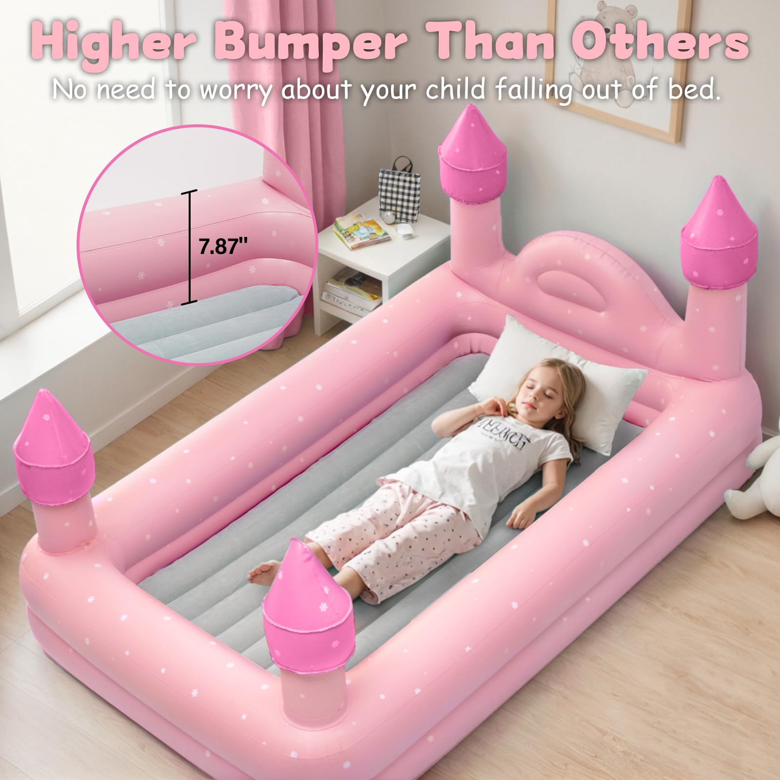 ROMPICO Inflatable Toddler Travel Bed with Safety Bumper,Portable Castle Toddler Bed with 4 Sides for Kids, Ideal for Vacation,Camping and Sleepover,Electric Pump Included (Pink)