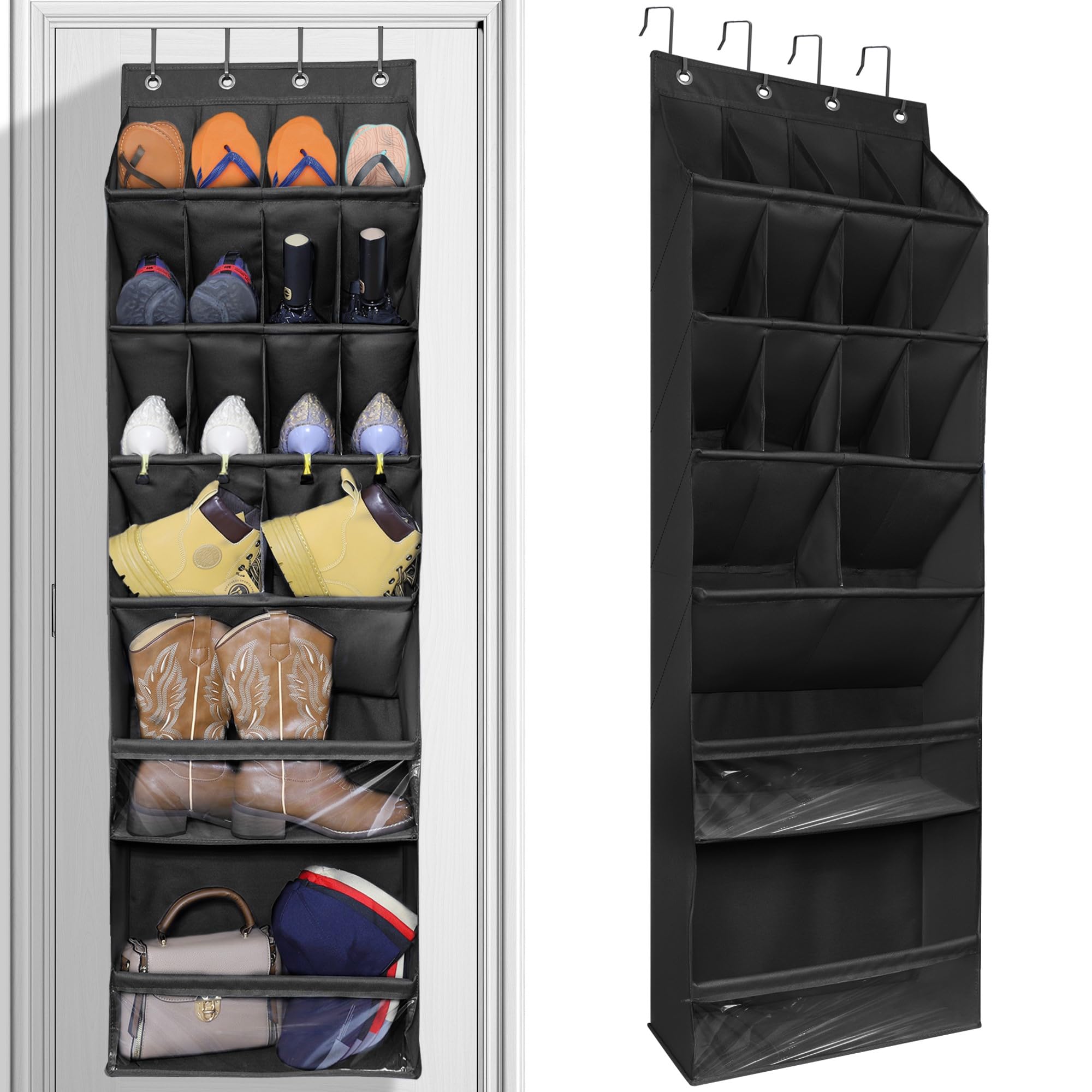 TIOYOTY Over The Door Shoe Organizer with Large Deep Pockets Door Shoe Rack for Narrow Door Hanging Multifunction Shoe Holder for Dorm Closet Door, Black 16 Pockets