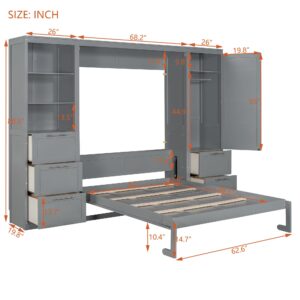 Modern Queen Size Murphy Bed with Closet, Drawers and Shelves, Cabinet Bed Folding Wall Bed for Guest Room, Office (Gray@1)