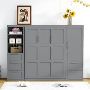 Modern Queen Size Murphy Bed with Closet, Drawers and Shelves, Cabinet Bed Folding Wall Bed for Guest Room, Office (Gray@1)