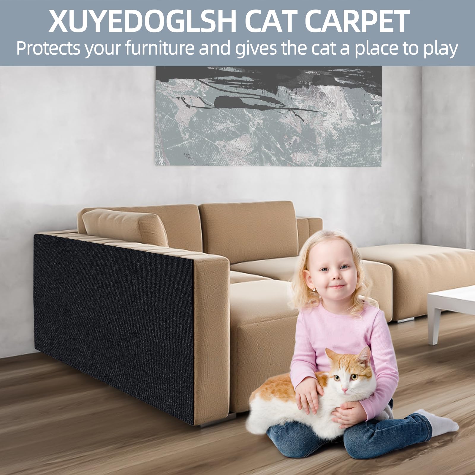 XUYEDOGLSH Cat Scratch Mat，Cat Scratch Carpet Trimmable Self-Adhesive Cat Scratch Pad,Decorative Cat Tree Shelf，Cat Wall，Cat Scratching Post,Cat Couch Protector 78.7"x15.8"(Black)