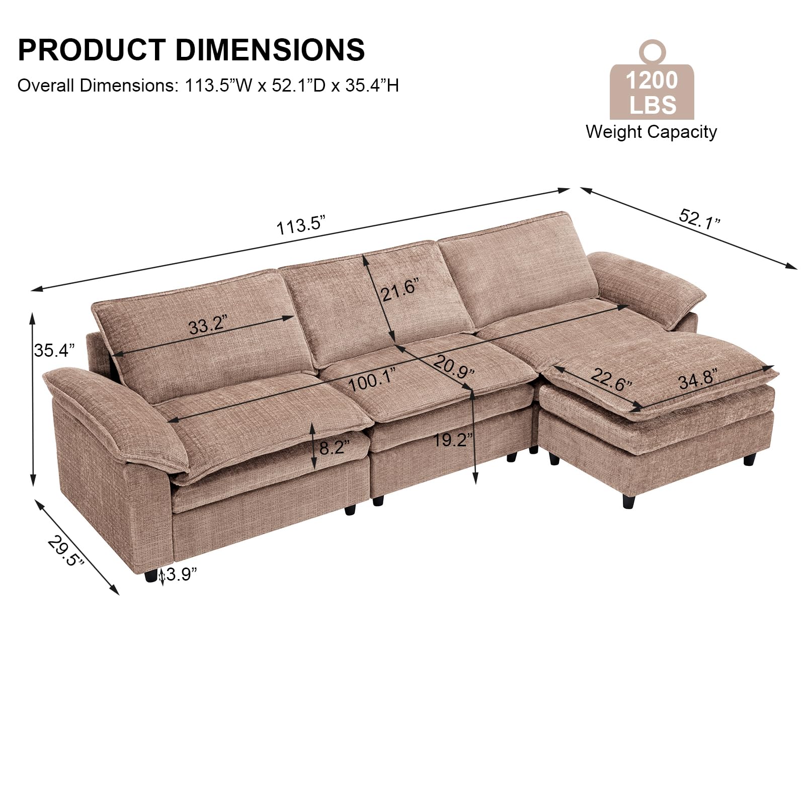 113.5" L Shaped Sectional Sofa, Modern Modular Cloud Couch with Movable Ottoman, 3 Seat Couches for Living Room, Apartment, Camel Chenille