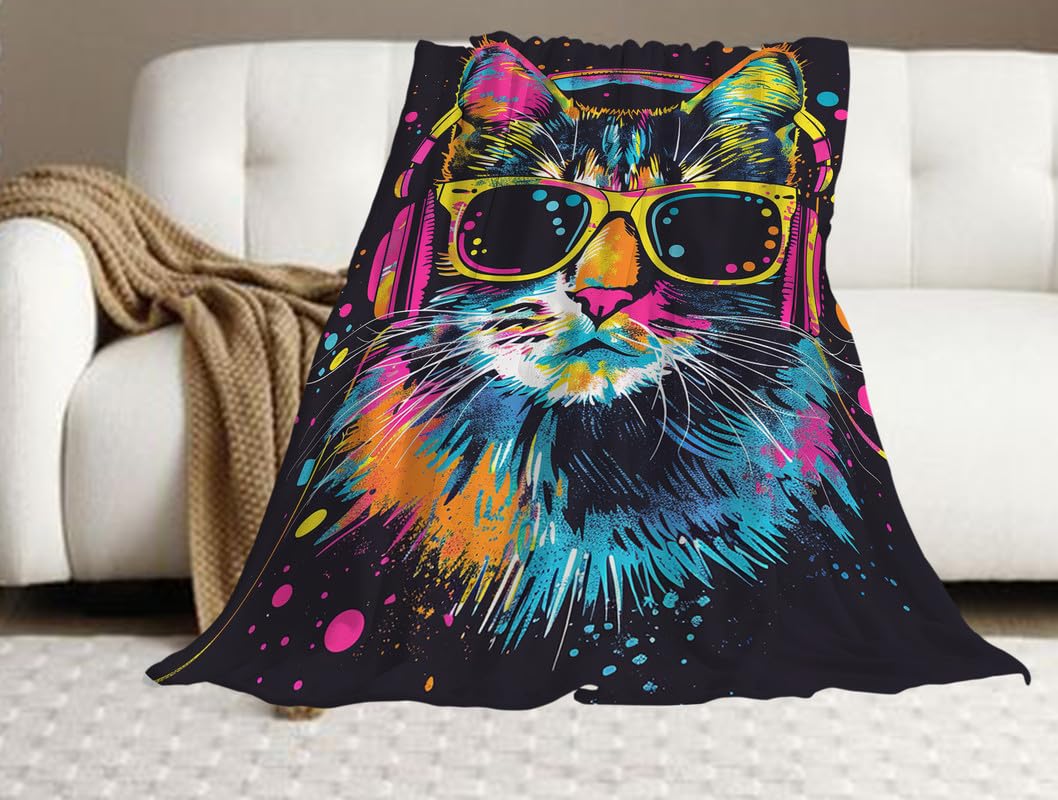 Cat Blanket Cool Cat Fleece Throw Blanket Super Soft Warm Cozy Fuzzy Plush Cats Blanket Gifts for Girls Boys Kids Room Decor 40"X50"