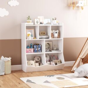 SUNNYFURN Kids 3-Tier Toy Storage Organizer Bookshelf White- 7 Compartment Bookshelf & Toy Shelf for Kids' Room, Bedroom, Living Room, and Kindergarten - for Toys and Books