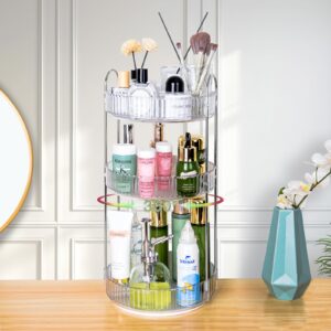 niluks 360 rotating makeup organizer for vanity, large capacity spinning perfume organizer, bathroom organizer, cosmetic skincare holder organizer for countertop (silver clear, 3 tier)