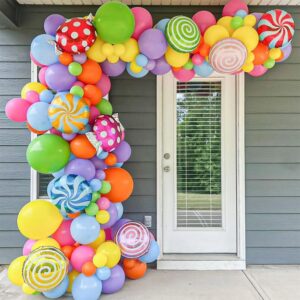 candyland party decorations 148 pcs rainbow candy balloon garland arch kit with lollipop candy foil balloon for candyland themed birthday sweet baby shower decorations