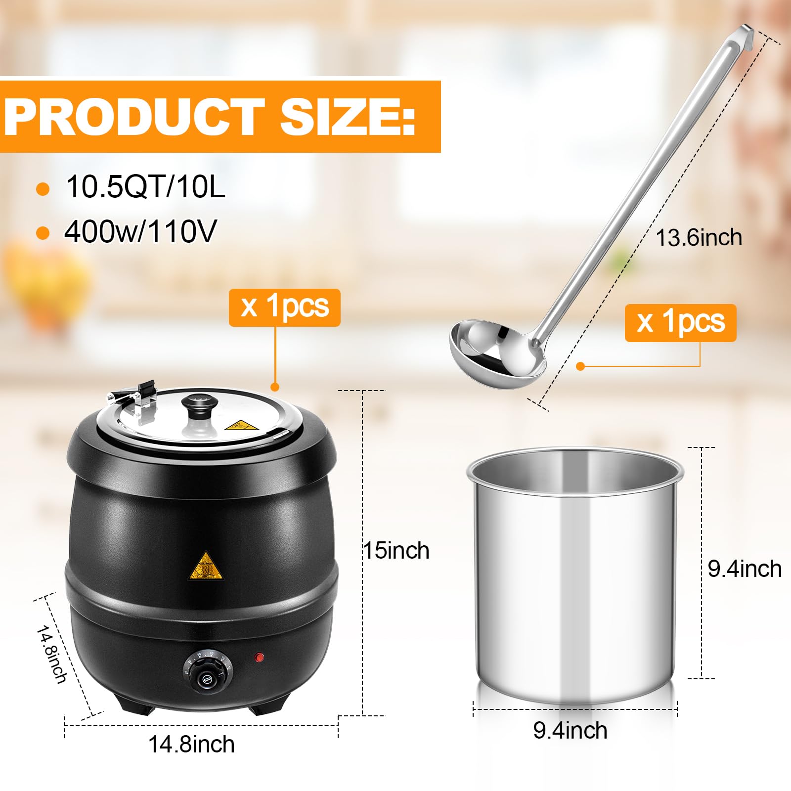 Suclain 1 Electric Soup Warmer 10.5 Quart Large Commercial Soup Kettle Warmer with 2 Ladles Stainless Steel Hinged Lid Detachable Pot Portable Electric Soup Pot for Family Gathering Restaurant