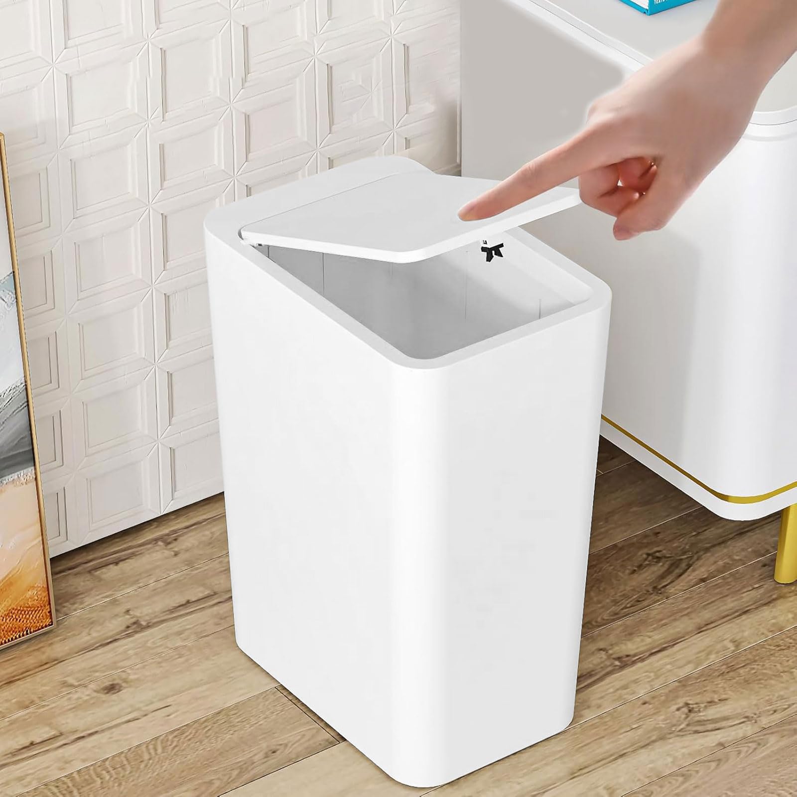 3 Gallon Trash Can with Lid, 12 Liters Slim Garbage Can with Press Top, Dorm Room Small Trash Bin, Plastic Waste Basket for Bathroom, Office, Bedroom, Kitchen, Living Room, Laundry (White)