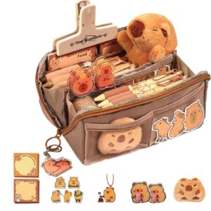 guanglu cute capybara pencil case, capybara school supplies, large capacity wide opening mouth pencil pouch with cute pins plush stickers pendant and memo pad