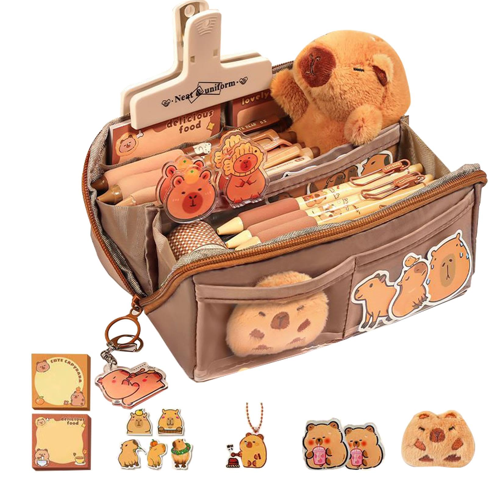 GUANGLU Cute Capybara Pencil Case, Capybara School Supplies, Large Capacity Wide Opening Mouth Pencil Pouch with Cute Pins Plush Stickers Pendant and Memo Pad