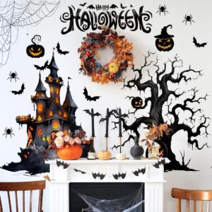 large halloween wall stickers halloween spooky tree wall decal peel and stick halloween castle bats pumpkin spider web wall sticker for window bedroom living room halloween party supplies decorations