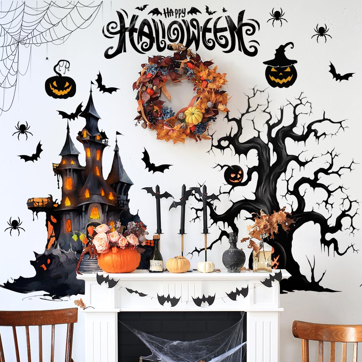 Large Halloween Wall Stickers Halloween Spooky Tree Wall Decal Peel and Stick Halloween Castle Bats Pumpkin Spider Web Wall Sticker for Window Bedroom Living Room Halloween Party Supplies Decorations