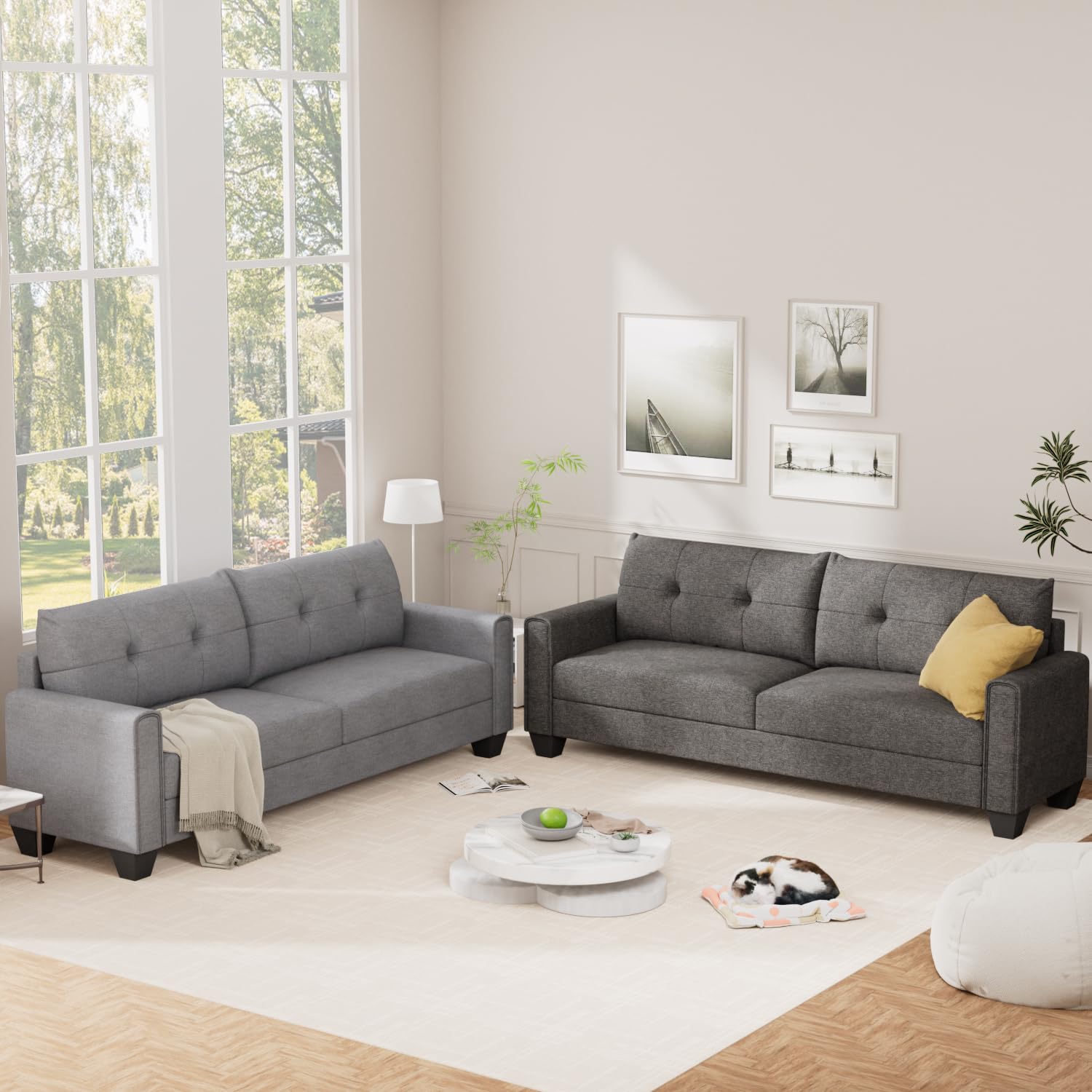 VOHOBY 82" Sofa Couches for Living Room, 3 Seater Sofa with Extra Deep Seats | Tufted Backrest | Thickened Cushion | Modern Comfy Sofa | Solid Wood Frame | Easy to Install, Prime Linen, Light Grey