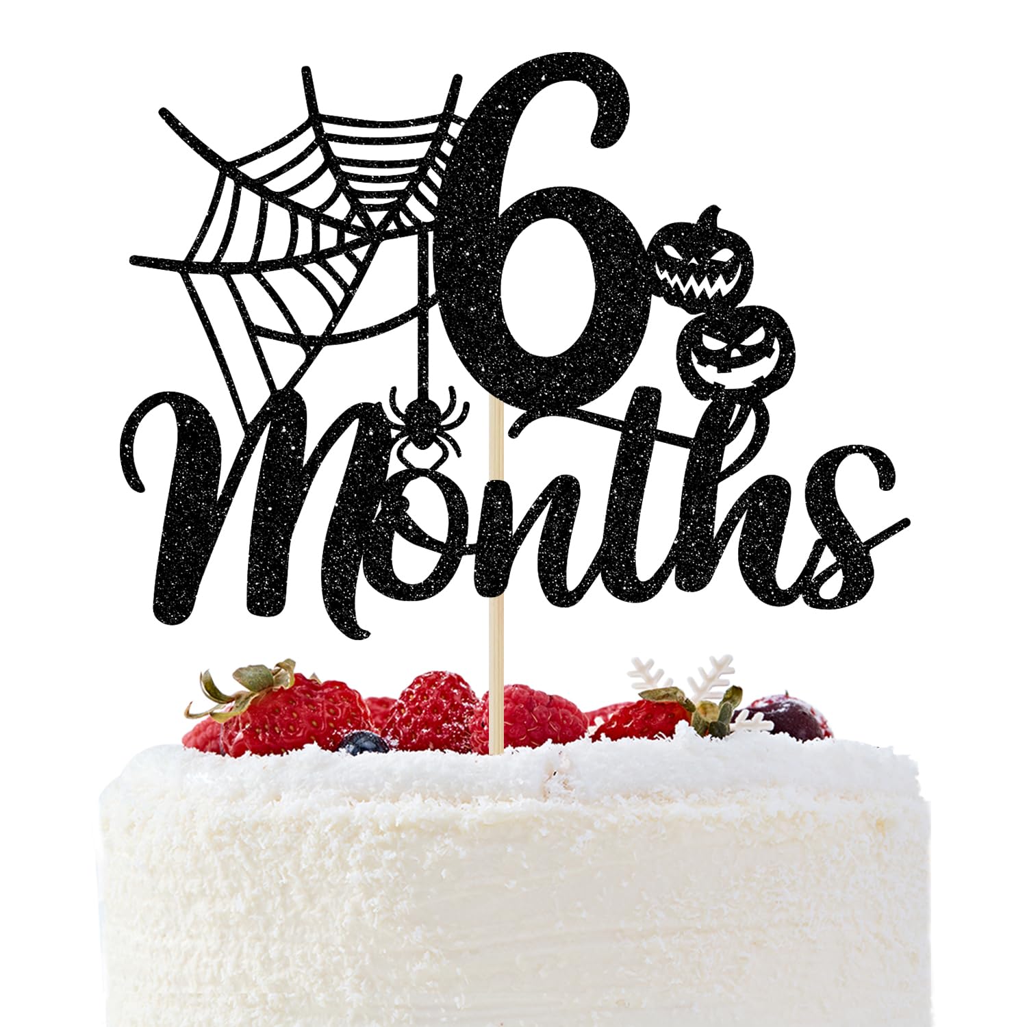 Halloween 6 Months Cake Topper, Halloween Half Birthday Cake Topper, Spider Web Half Birthday Decor, Halloween Themed Birthday Baby Shower Party Decorations, Black Glitter