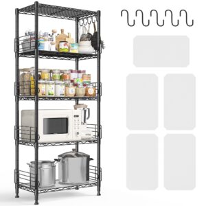 REIBII 5-Tier Storage Shelves Wire Shelving Unit with Side Blockers Adjustable Metal Shelves for Storage Rack with 5 Hooks & Shelf Liners Metal Shelving for Small Space, Kitchen Bathroom Closet Pantry