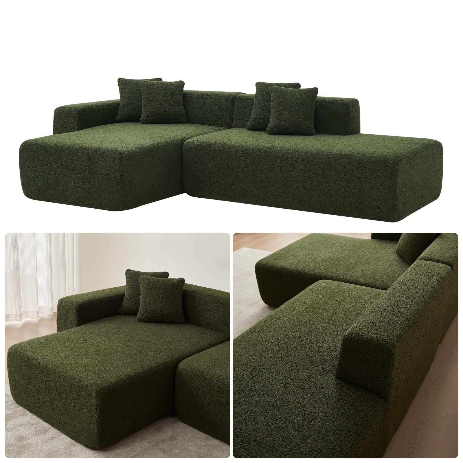 ChicFurnit Sectional Couch, Sofa with Right Chaise Lounge, L-Shaped Lambs Wool Fabric Upholstered Couch, 5-Seater Corner Sofa with 4 Back Pillows for Apartments, Living Room, Green