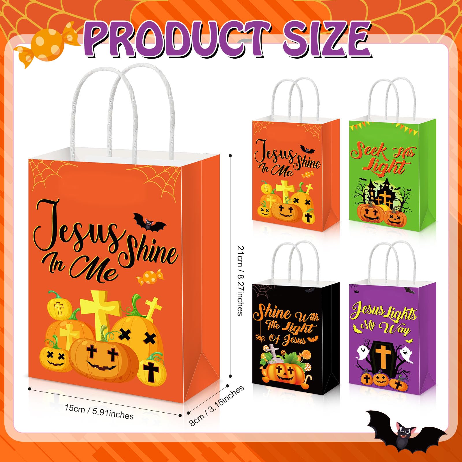 Trandraft 48 Pieces Christian Halloween Paper Bags Bulk Jesus Halloween Treat Bags with Handle Religious Halloween Paper Goodie Bags Small Candy Bags for Halloween Party Decor Gift