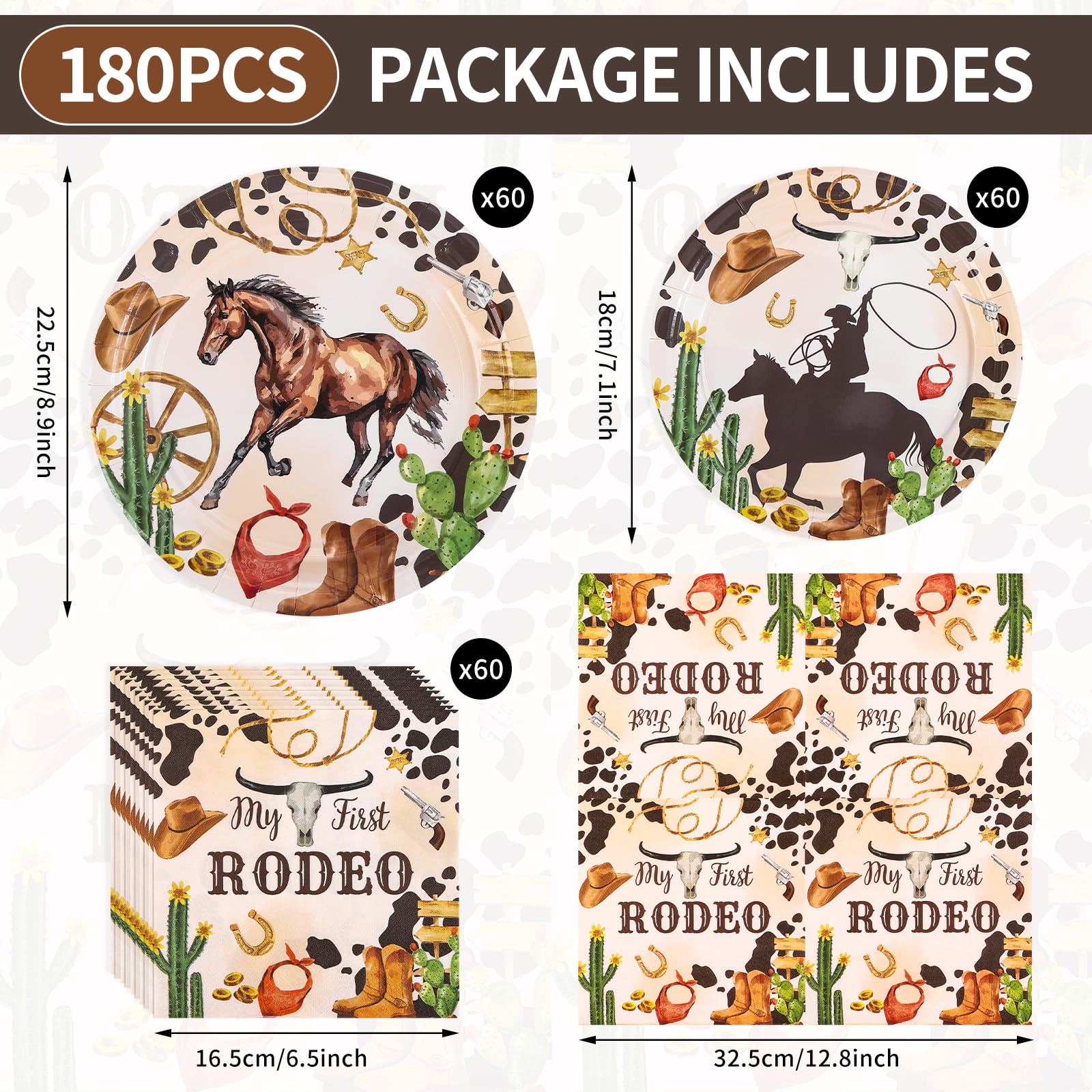 BORAENDEY 180PCS Cowboy Party Supplies Serve 60,Western Cowboy Rodeo Theme Party Paper Plates and Napkins Kit for Birthday Party Baby Shower Party Decorations,Includes Paper Plate,Napkin.