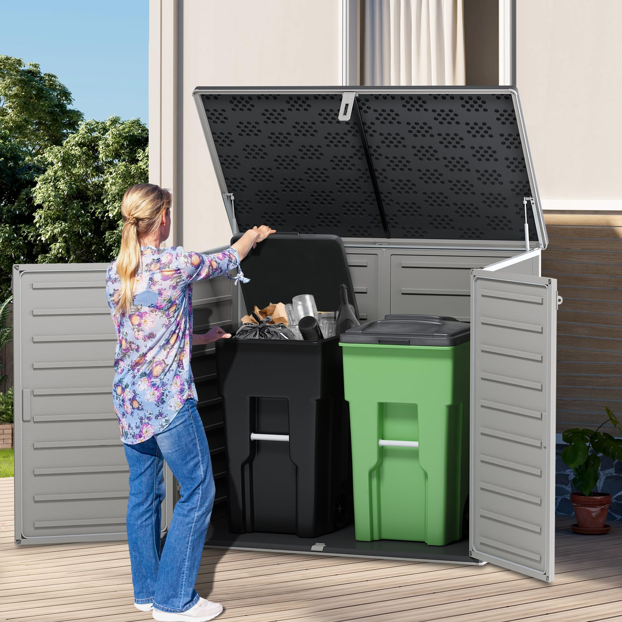 COCLUB 4.6 ft x 4.1 ft Resin Outdoor Storage Shed, 49.5 Cu Ft Extra Large Horizontal Tool Sheds, Multi-Purpose Storage Cabinet for Trash Cans, Garden Tools, Lawn Mower, Double Lockable Doors