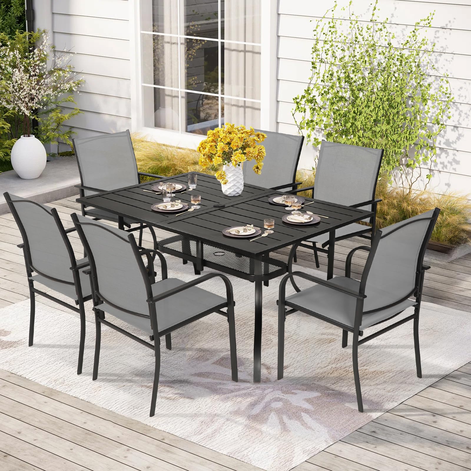 Crownland 7 Piece Patio Dining Set, Outdoor Textilene Dining Sets, 6 Textilene Metal Chairs and Rectangular Outdoor Dining Table with 1.57" Umbrella Hole (Grey)