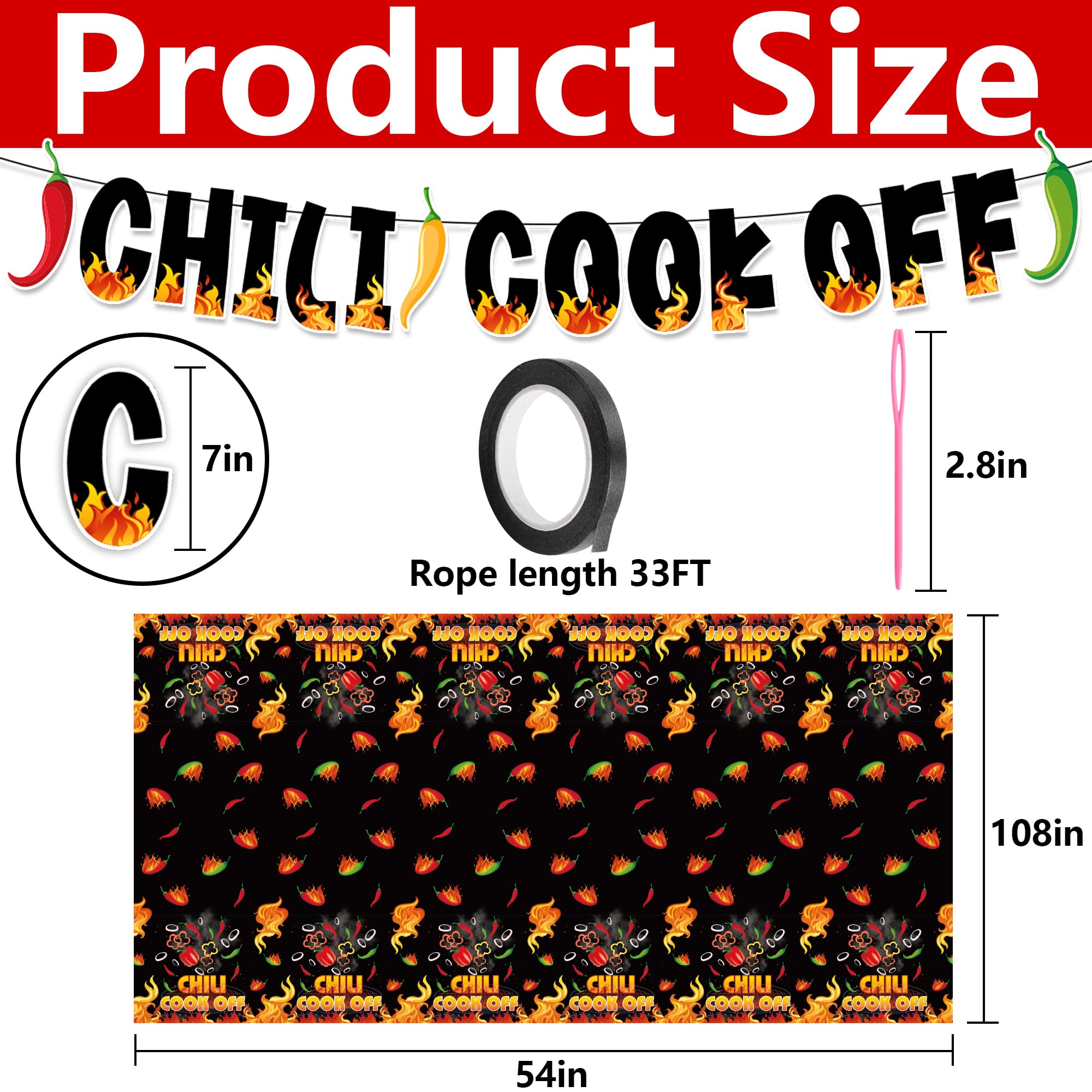 Iceyyyy 4 Pcs Black Chili Cook Off Table Decorations Set-108" x 54" Chili Pepper Flame Table Covers 33 Ft Cooking Chili Contest Banner-Disposable Chili Pepper Party Decorations for Party Supplies