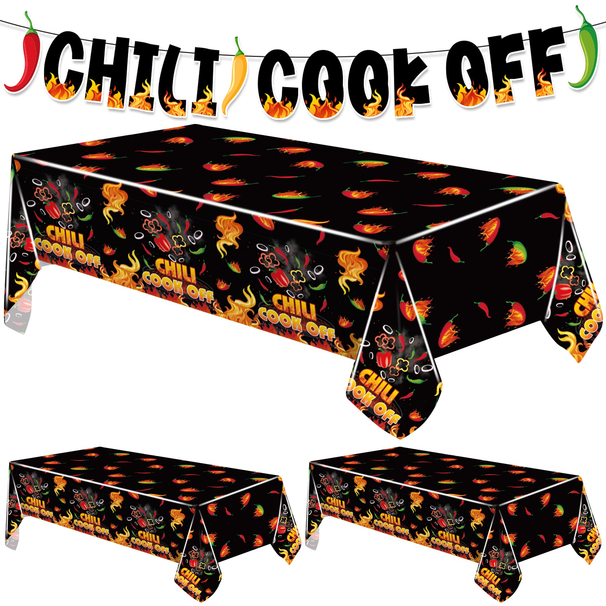 Iceyyyy 4 Pcs Black Chili Cook Off Table Decorations Set-108" x 54" Chili Pepper Flame Table Covers 33 Ft Cooking Chili Contest Banner-Disposable Chili Pepper Party Decorations for Party Supplies