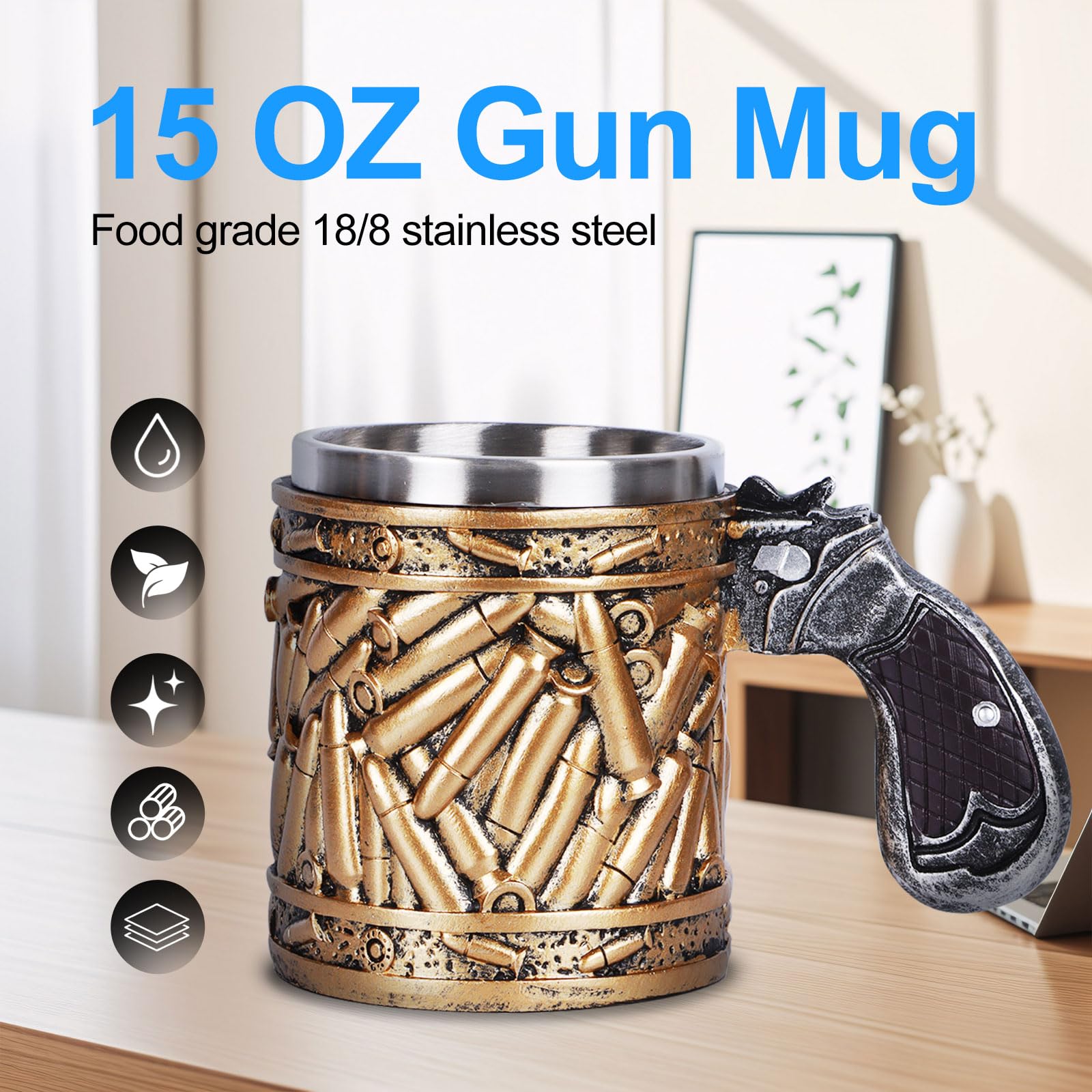 Gun Mug, Gun Handle Coffee Mug, Stainless Steel Bullet Pattern Beer Mug, Unique Coffee Mugs, Fathers Day Dad Gifts, Birthday Gifts for Men (15 OZ)