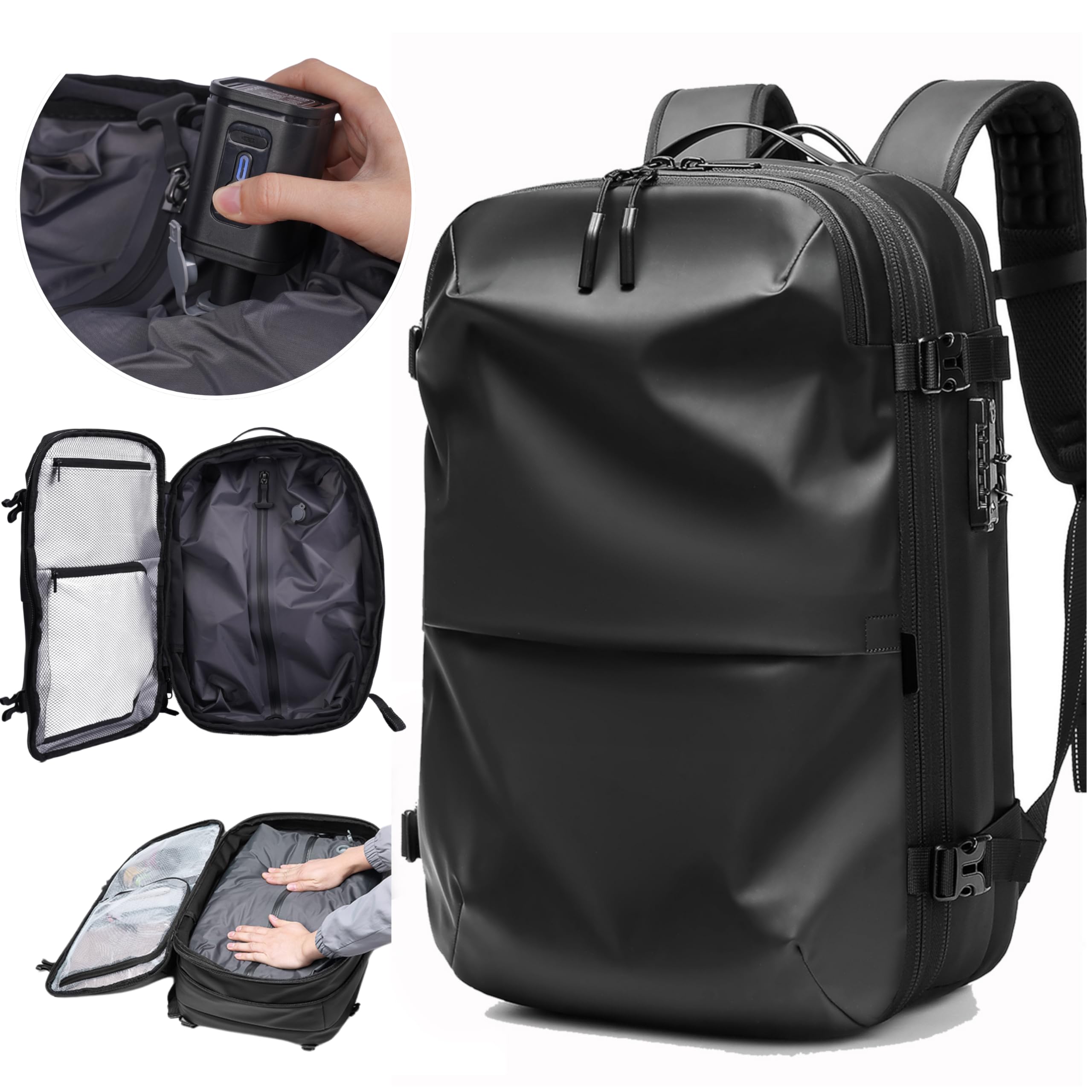 BlackVoyage Vacuum Seal Compression Travel Backpack 60L Expandable | Vacpack Airbag Water Resistant & TSA Lock Anti Theft Black (Vacuum Pump Included)