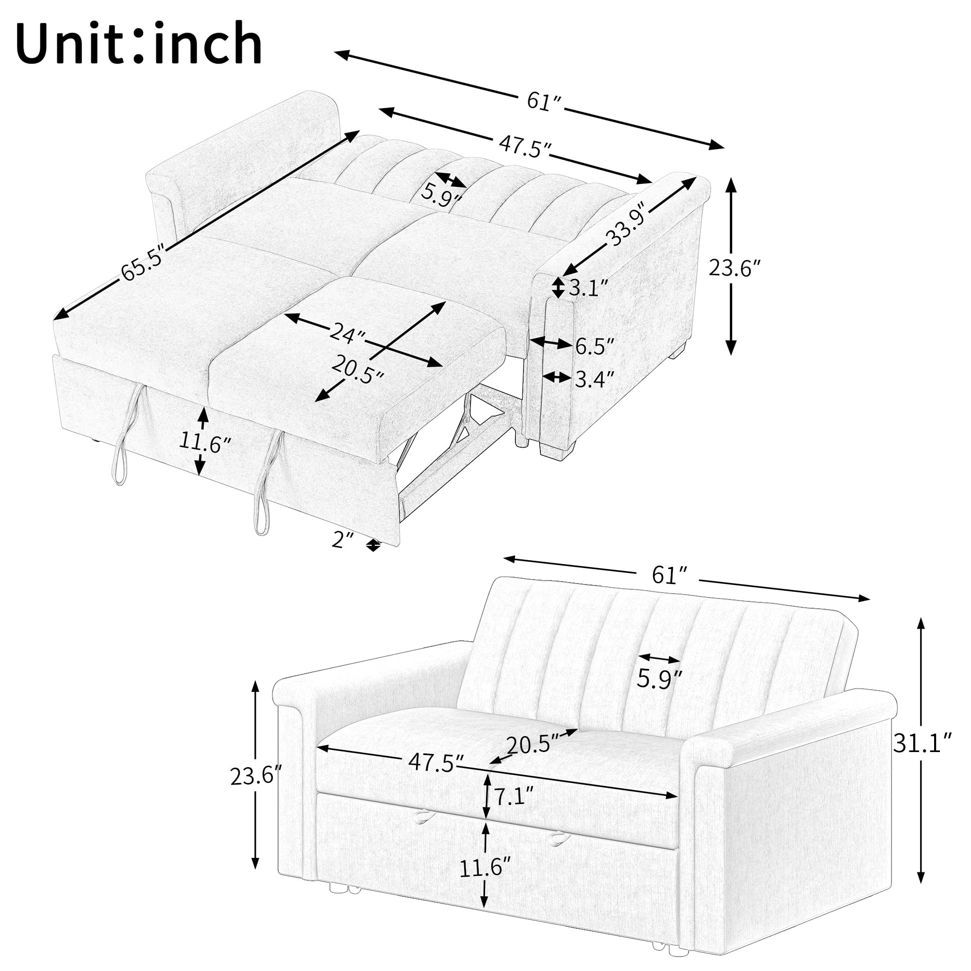 Amposei Convertible Loveseat Couch Small Sleeper Sofa with Pull-Out Bed for Small Spaces, Living Room, Apartment, Easy Assembly, Gray