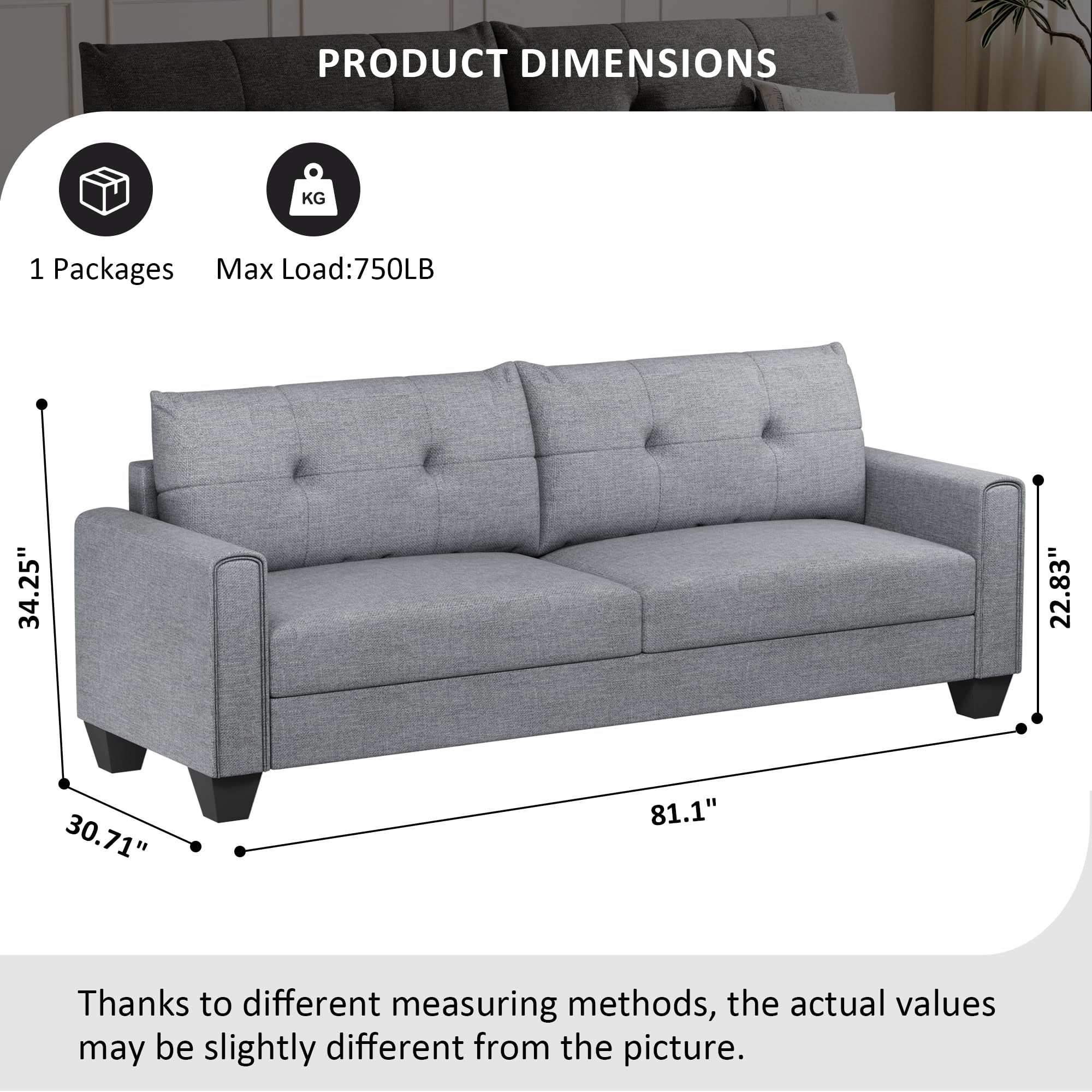 VOHOBY 82" Sofa Couches for Living Room, 3 Seater Sofa with Extra Deep Seats | Tufted Backrest | Thickened Cushion | Modern Comfy Sofa | Solid Wood Frame | Easy to Install, Prime Linen, Light Grey