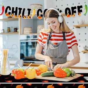 Iceyyyy 4 Pcs Black Chili Cook Off Table Decorations Set-108" x 54" Chili Pepper Flame Table Covers 33 Ft Cooking Chili Contest Banner-Disposable Chili Pepper Party Decorations for Party Supplies