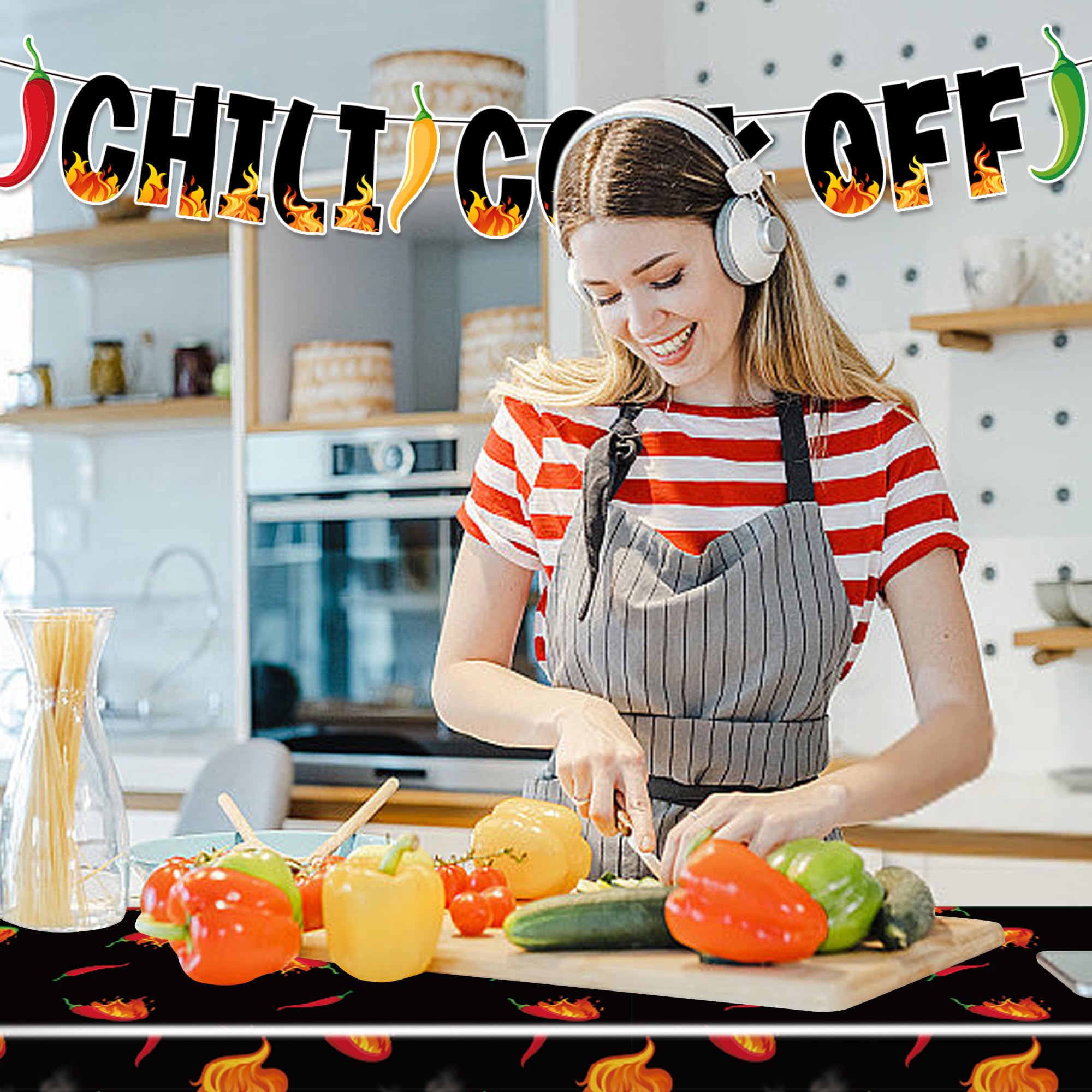 Iceyyyy 4 Pcs Black Chili Cook Off Table Decorations Set-108" x 54" Chili Pepper Flame Table Covers 33 Ft Cooking Chili Contest Banner-Disposable Chili Pepper Party Decorations for Party Supplies