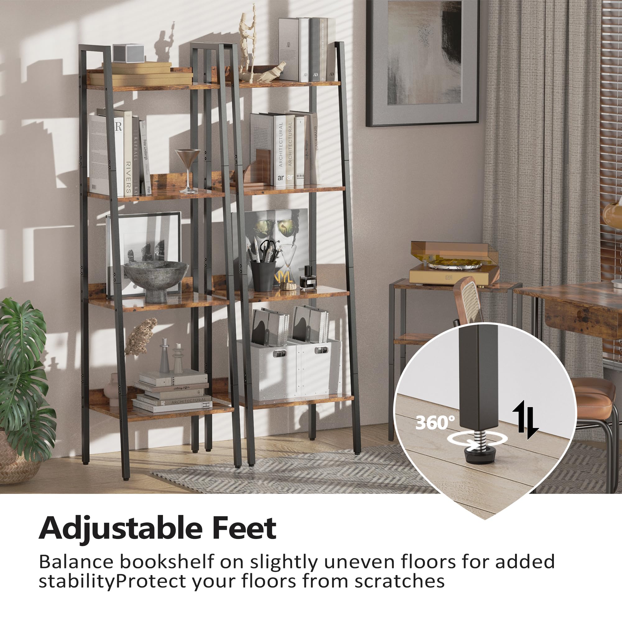 Bookshelf, Ladder Shelf with Steel Frame, 4-Tier Industrial Bookcase, Narrow Tiered Shelf for Small Space, Corner Shelf for Living Room, Home Office, Kitchen, Bedroom, Bathroom（Rustic Brown & Black）