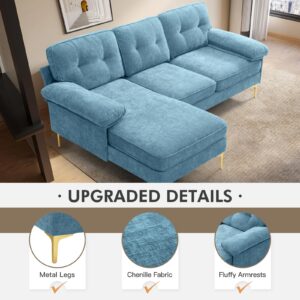 EASELAND Chenille L Shaped Sleeper Sofa, 83” Couch for Living Room, Comfy Couch for Bedroom with Convertible Chaise, Thick Wide Cushion, Couch with Fluffy Armrests, Metal Legs, Washable Cover(Blue)