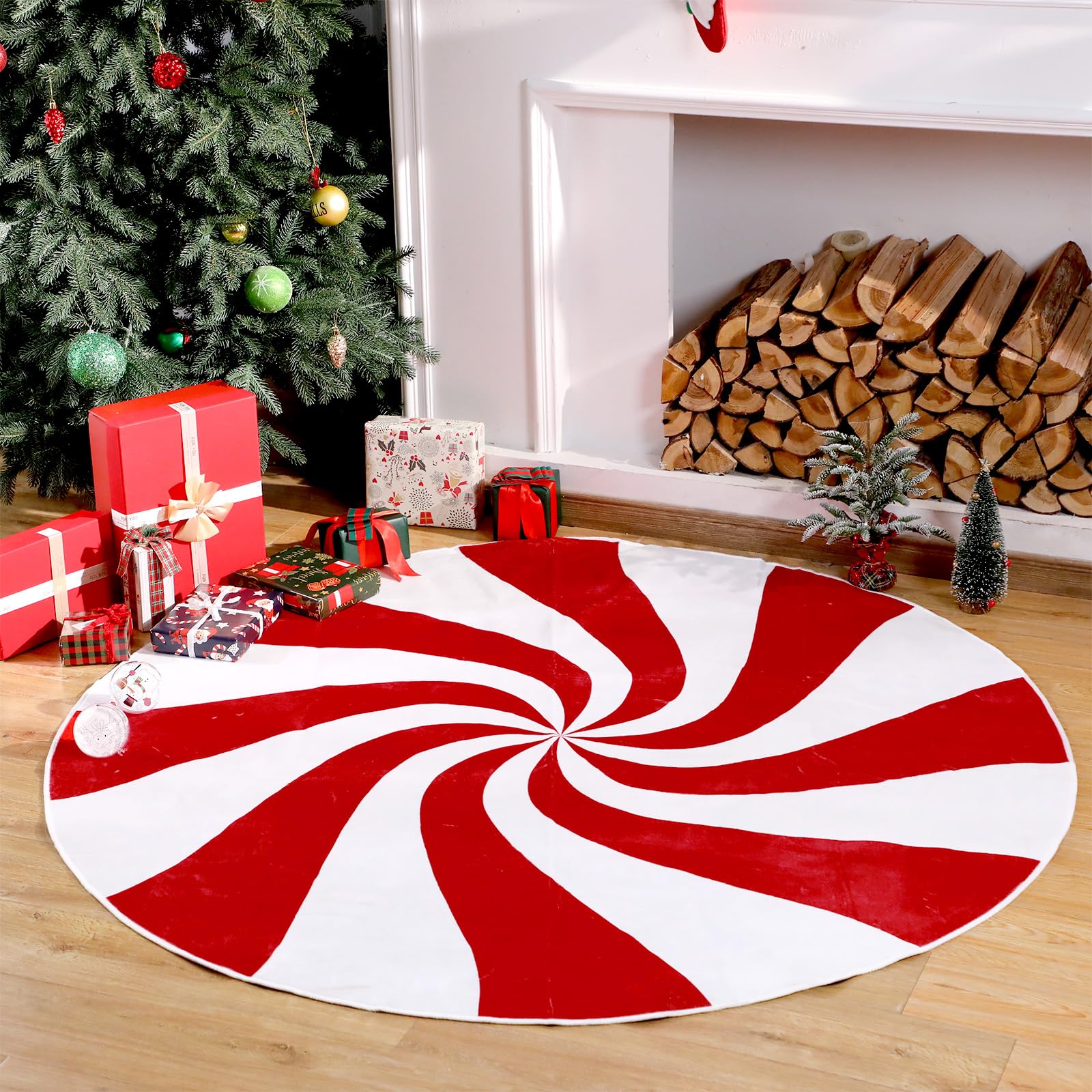 Moucuny Christmas Round Rug Large Christmas Area Rug Washable Christmas Rug Runner Non Slip Rug Carpet for Xmas Holiday Entryway Living Room Bedroom Indoor Decoration(Red,Lollipop)