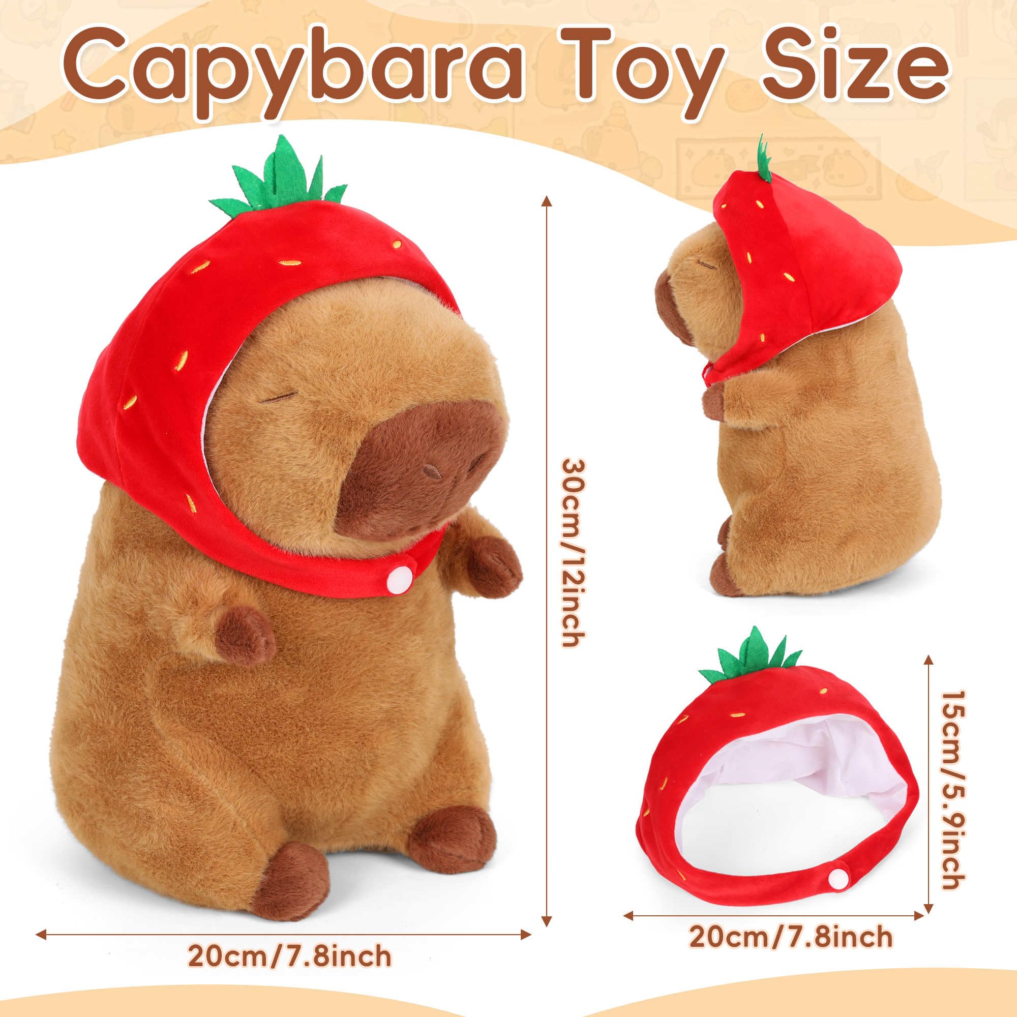 Cute Capybara Plush Wearing Strawberry Hat, 12 INCH Capybara Stuffed Toy Animals Plushies, Soft Capybara Doll Pillow for Kids Boys Girls Birthday Gifts