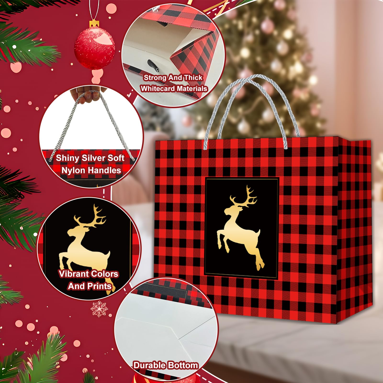 12 Pcs Large Christmas Gift Bags Bulk, 250g Gift Box-Grade Sturdy White Cardboard Xmas Paper Goodie Bags with Handles, 12.6"x9.84"x6.7" Christmas Wrapping Bags Holiday Party Favor Treat Gift Bags