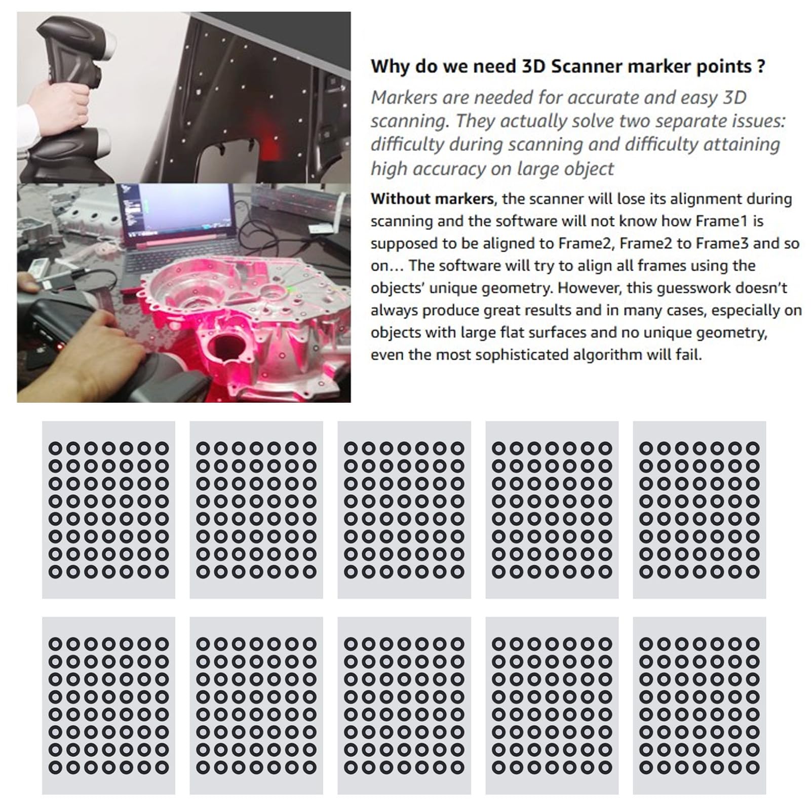 3D Scanning Marker, 10 Sheet 6mm 3D Scanning Marker Reusable 3D Tracking Dot Reference Point Marker for Optical Surveying