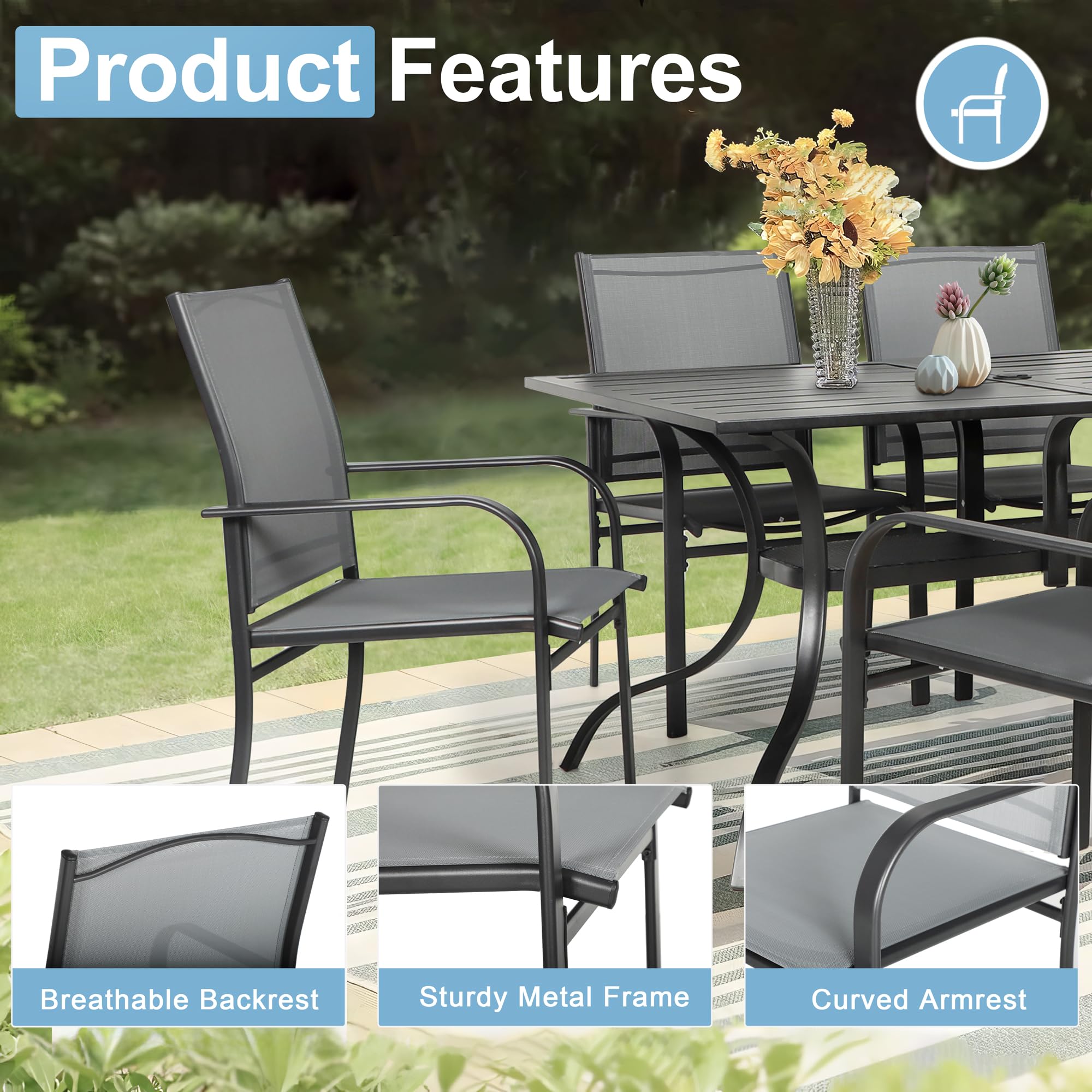 Crownland 7 Piece Patio Dining Set, Outdoor Textilene Dining Sets, 6 Textilene Metal Chairs and Rectangular Outdoor Dining Table with 1.57" Umbrella Hole (Grey)