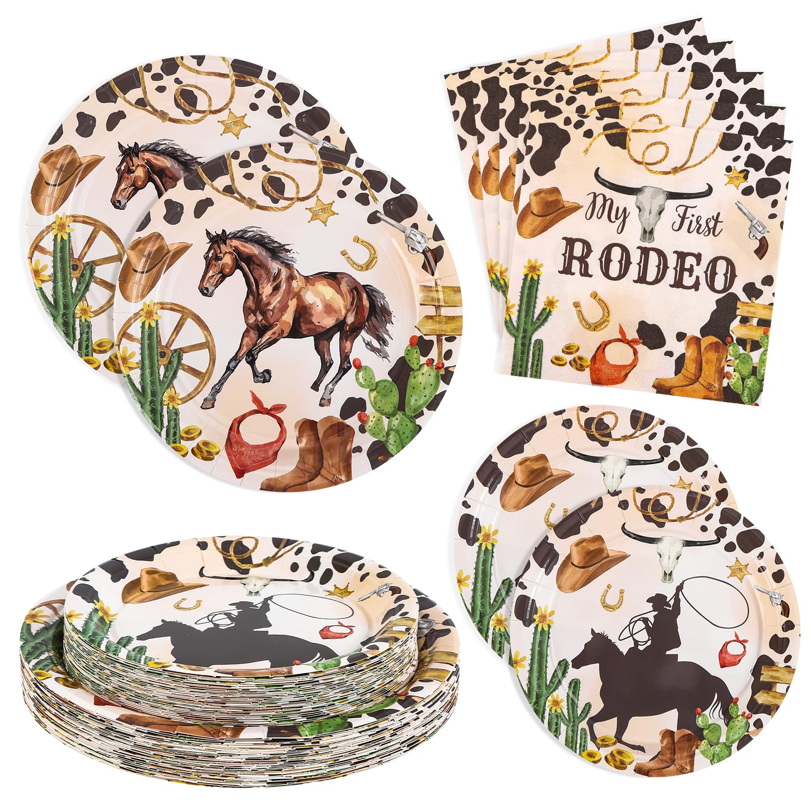 BORAENDEY 180PCS Cowboy Party Supplies Serve 60,Western Cowboy Rodeo Theme Party Paper Plates and Napkins Kit for Birthday Party Baby Shower Party Decorations,Includes Paper Plate,Napkin.