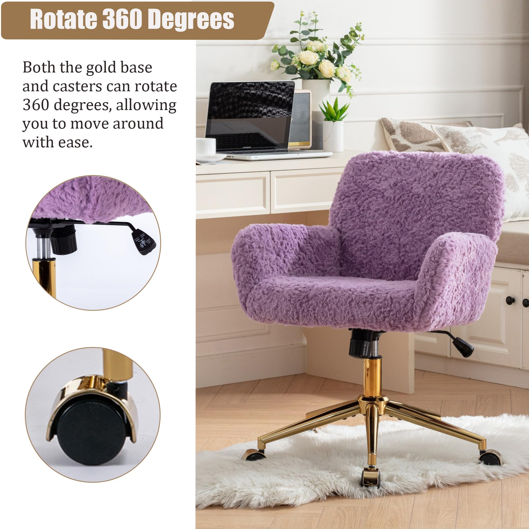 LKTART Faux Fur Home Office Chair for Women Girl, Vanity Makeup Desk Chair with Wheels Upholstered Height Adjustable Armchair with Gold Metal Base Living Room Bedroom Office Vanity