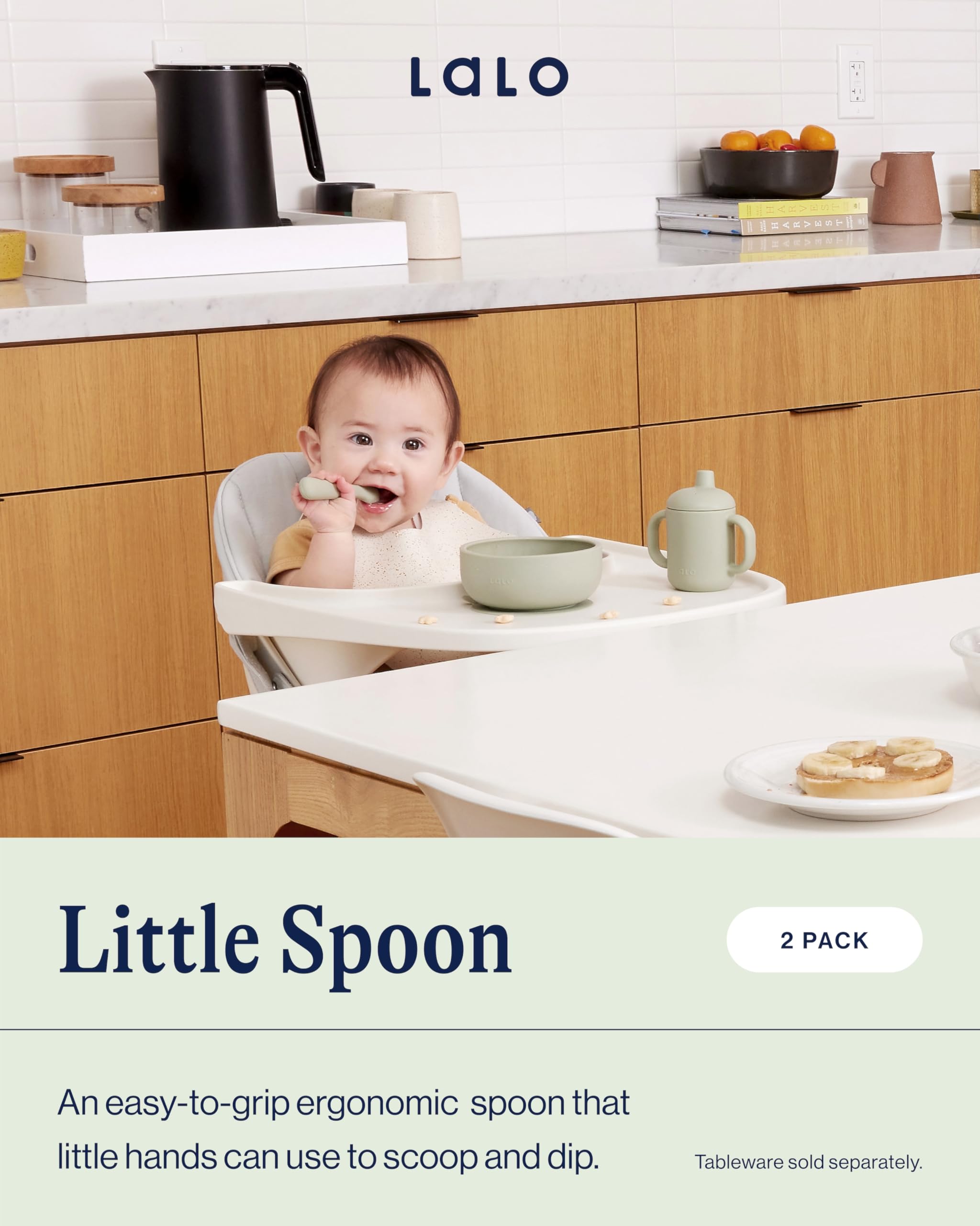 Lalo Little Spoon Set - 2 Piece Baby Spoons Set for Infants & Babies - Made From Food Grade Silicone Dishwasher Safe - Baby Feeding Essentials for Early Stage Mealtime - Sage